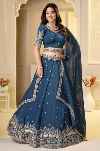 Teal Crunchy Silk Embroidered Lehenga Choli Set 