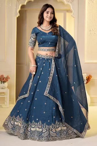 Teal Crunchy Silk Embroidered Lehenga Choli Set 