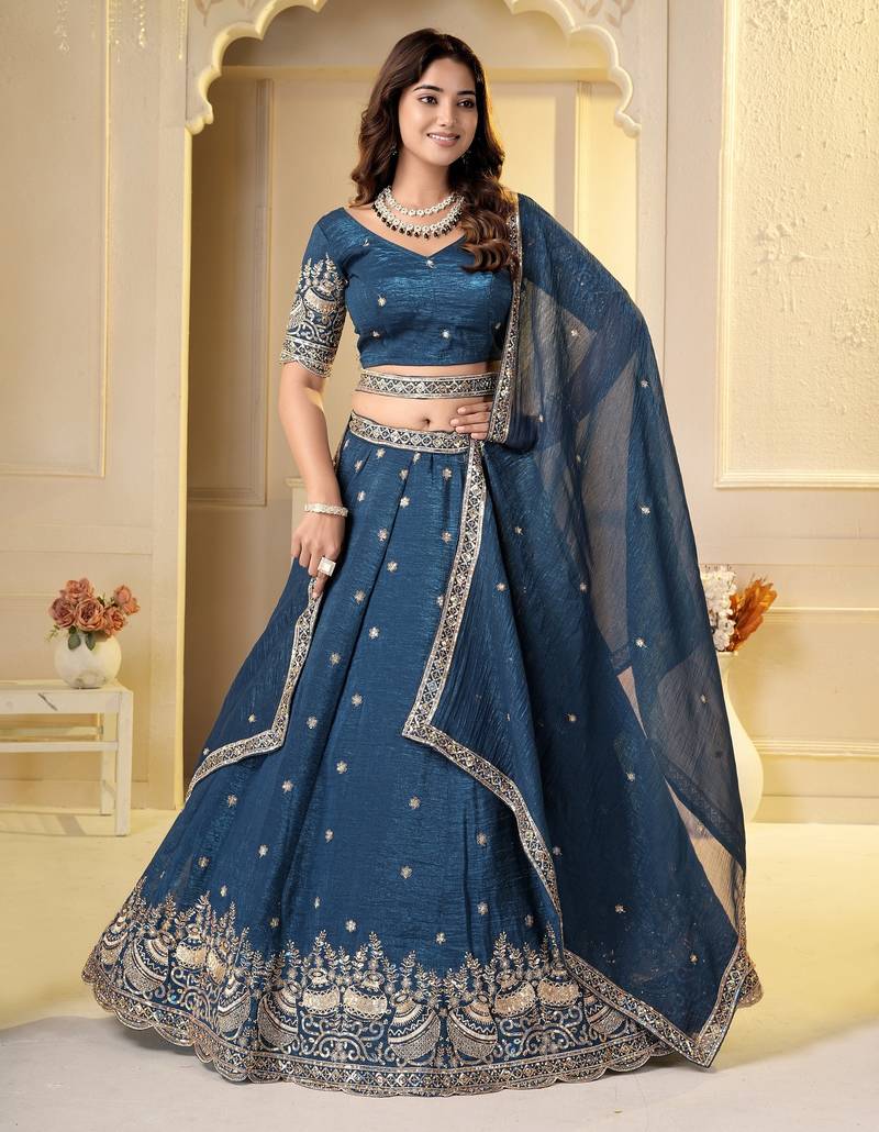 Teal Crunchy Silk Embroidered Lehenga Choli Set 