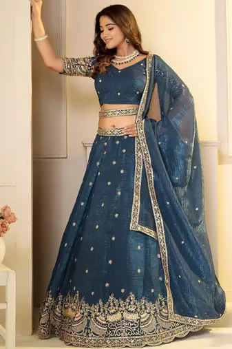 Teal Crunchy Silk Embroidered Lehenga Choli Set 