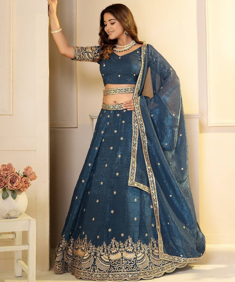 Teal Crunchy Silk Embroidered Lehenga Choli Set 