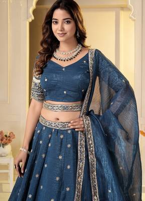 Teal Crunchy Silk Embroidered Lehenga Choli Set  5