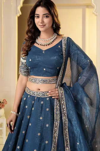 Teal Crunchy Silk Embroidered Lehenga Choli Set 
