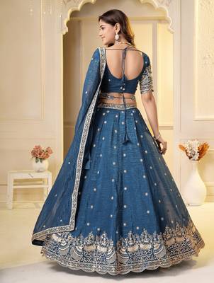 Teal Crunchy Silk Embroidered Lehenga Choli Set  6
