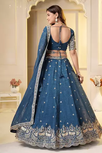 Teal Crunchy Silk Embroidered Lehenga Choli Set 