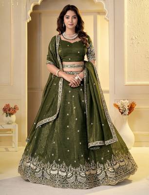 Olive Crunchy Silk Embroidered Lehenga Choli Set  1