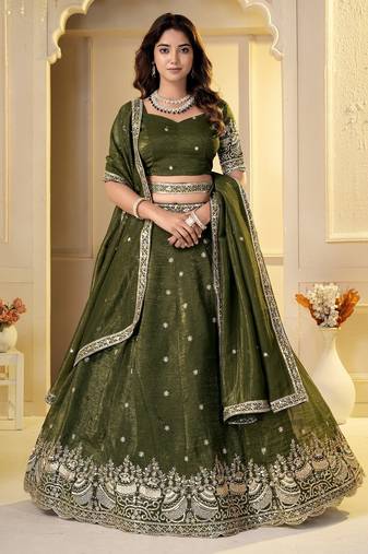 Olive Crunchy Silk Embroidered Lehenga Choli Set 