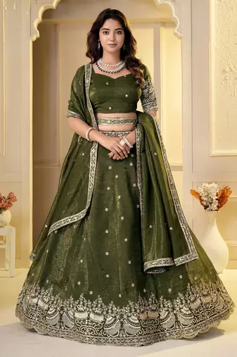 Olive Crunchy Silk Embroidered Lehenga Choli Set 