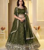 Olive Crunchy Silk Embroidered Lehenga Choli Set 