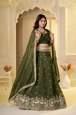 Olive Crunchy Silk Embroidered Lehenga Choli Set  2