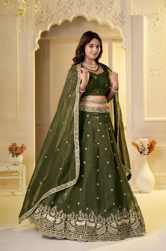 Olive Crunchy Silk Embroidered Lehenga Choli Set 