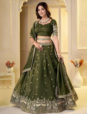 Olive Crunchy Silk Embroidered Lehenga Choli Set  3