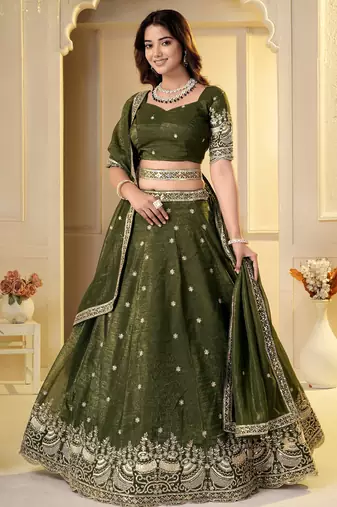 Olive Crunchy Silk Embroidered Lehenga Choli Set 