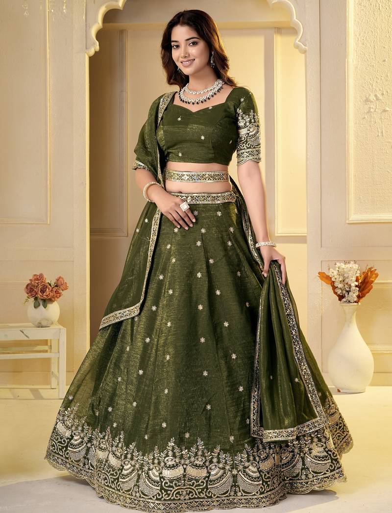 Olive Crunchy Silk Embroidered Lehenga Choli Set 