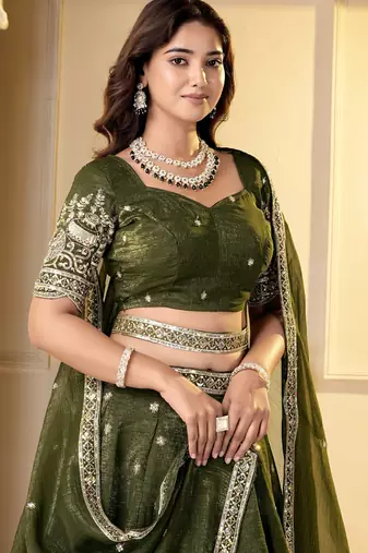 Olive Crunchy Silk Embroidered Lehenga Choli Set 