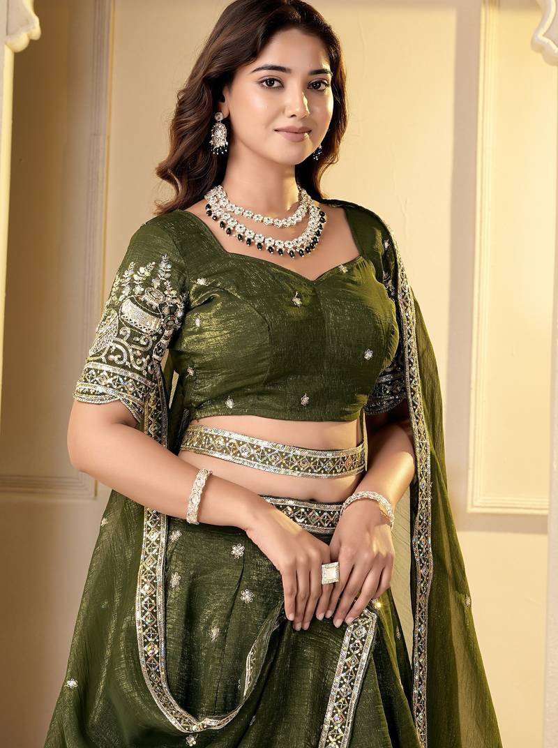 Olive Crunchy Silk Embroidered Lehenga Choli Set 