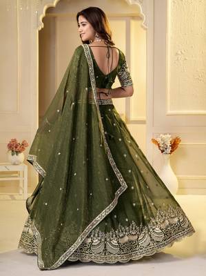 Olive Crunchy Silk Embroidered Lehenga Choli Set  5
