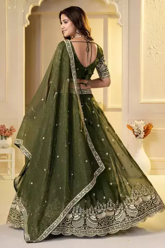 Olive Crunchy Silk Embroidered Lehenga Choli Set 