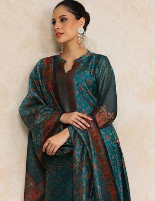Teal floral printed cfloraleri silk kurta trouser dupatta set 1