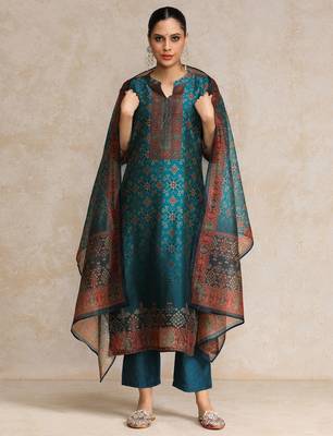 Teal floral printed cfloraleri silk kurta trouser dupatta set 2
