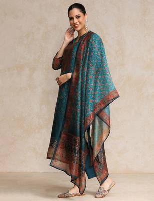 Teal floral printed cfloraleri silk kurta trouser dupatta set 4