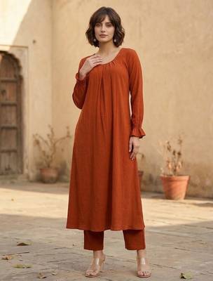 Orange floral printed viscose rayon kurta trouser set 1