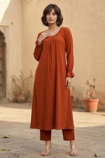 Orange floral printed viscose rayon kurta trouser set