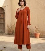 Orange floral printed viscose rayon kurta trouser set