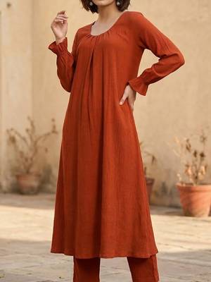 Orange floral printed viscose rayon kurta trouser set 2