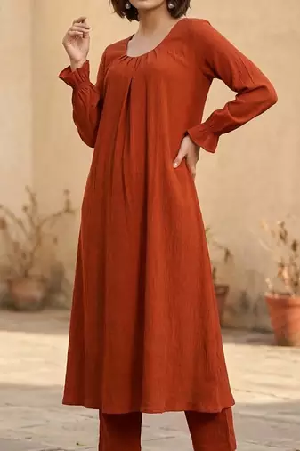 Orange floral printed viscose rayon kurta trouser set