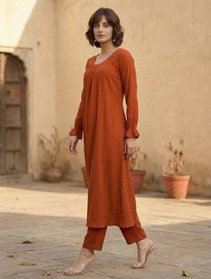 Orange floral printed viscose rayon kurta trouser set 3