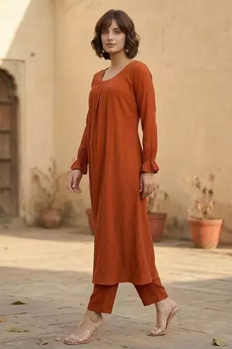 Orange floral printed viscose rayon kurta trouser set