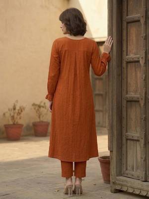 Orange floral printed viscose rayon kurta trouser set 4