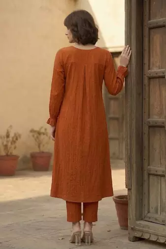 Orange floral printed viscose rayon kurta trouser set
