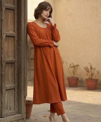 Orange floral printed viscose rayon kurta trouser set 5