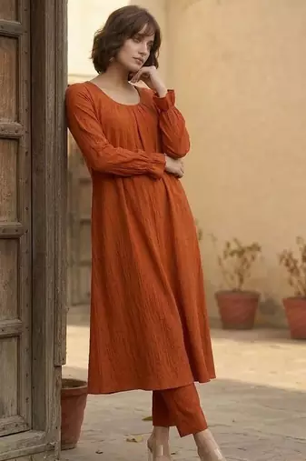 Orange floral printed viscose rayon kurta trouser set