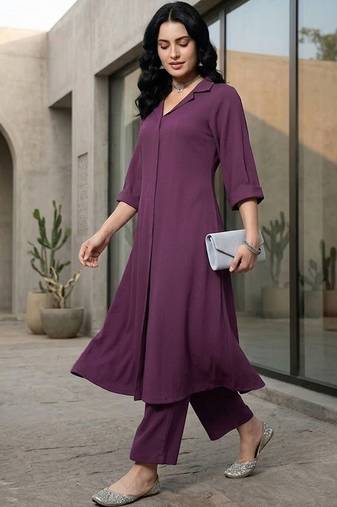 Mauve floral printed viscose rayon tunic trouser set