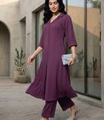 Mauve floral printed viscose rayon tunic trouser set