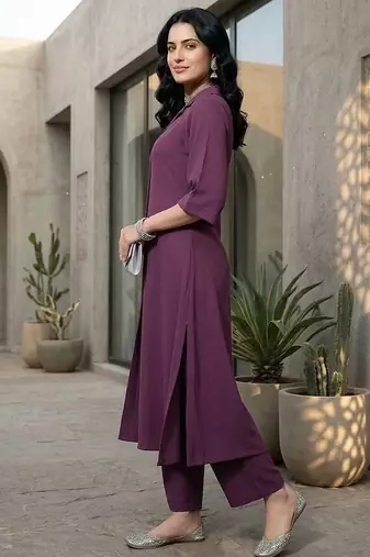 Mauve floral printed viscose rayon tunic trouser set