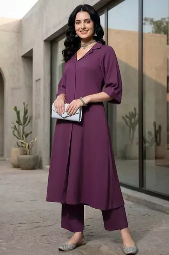 Mauve floral printed viscose rayon tunic trouser set