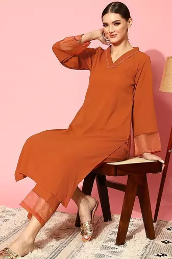 Orange floral printed silk blend kurta palazzo set