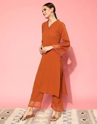 Orange floral printed silk blend kurta palazzo set 4