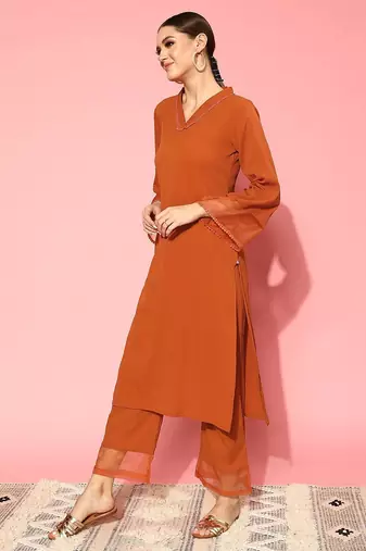 Orange floral printed silk blend kurta palazzo set