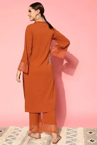 Orange floral printed silk blend kurta palazzo set