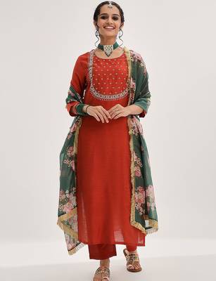 Maroon floral embroidered art silk kurta trouser dupatta set 1
