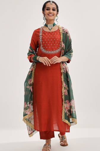 Maroon floral embroidered art silk kurta trouser dupatta set
