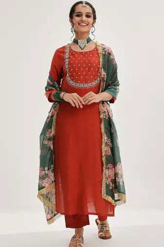 Maroon floral embroidered art silk kurta trouser dupatta set