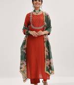 Maroon floral embroidered art silk kurta trouser dupatta set
