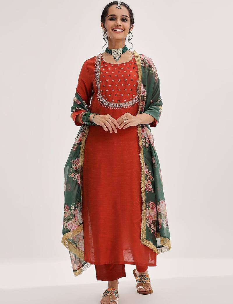 Maroon floral embroidered art silk kurta trouser dupatta set
