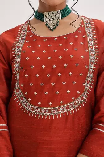 Maroon floral embroidered art silk kurta trouser dupatta set